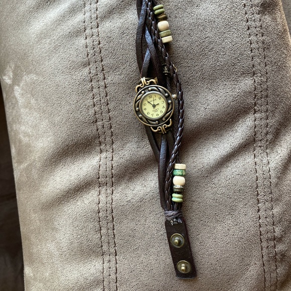 Kano Bak Brown Leather Beaded Bracelet 8" Watch - Picture 1 of 7